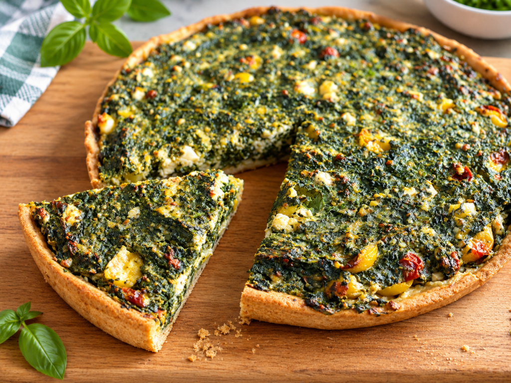 Selbstgemachte Spinat Feta Quiche mit knusprigem Teigboden, auf einem Holzbrett angerichtet.