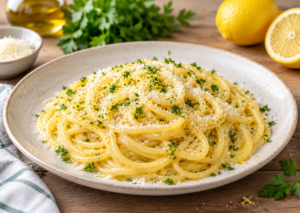 Pasta mit Zitronensauce, Parmesan und frischer Petersilie