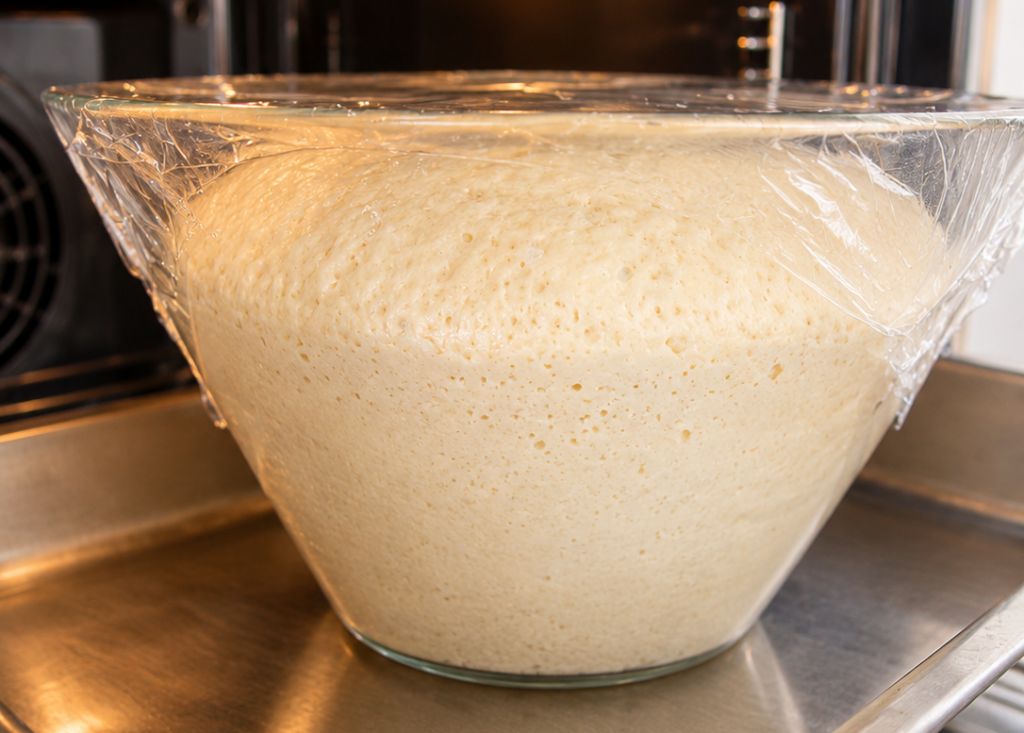 Selbst gemachter Pizzateig geht zugedeckt in einer Glasschüssel auf