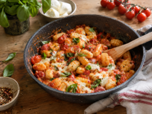 Vegetarische Gnocchi-Pfanne mit Tomaten, geschmolzenem Mozzarella und frischem Basilikum in einer rustikalen Pfanne.